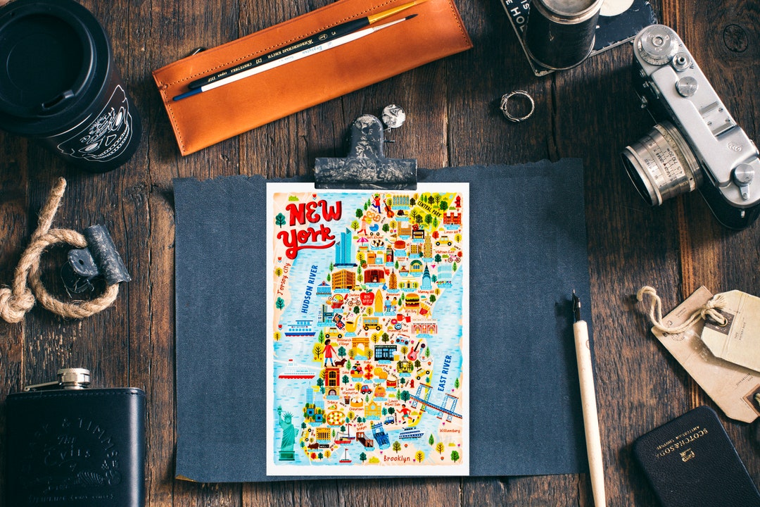 New York Map Postcard - Map of New York - New York Map - Illustrated ...