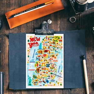 New York Map Postkarte - Landkarte von New York - New York Map - Illustrierte New York Karte - Reisegeschenk - A6 Postkarte
