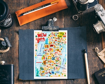 New York Map Postcard - Map of New York - New York Map - Illustrated New York Map - Travel Gift - A6 postcard