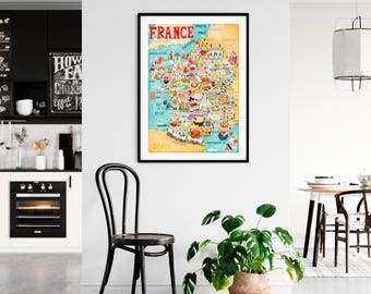 Plakat z mapą Francji - Mapa Francji - Mapa Francji - Ilustrowana mapa Francji - Sztuka ścienna - Wystrój domu - Prezent do domu - Plakat na prezent