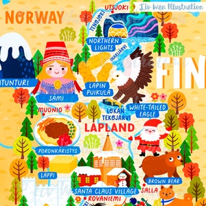Może przedstawiać: Kolorowa, ilustrowana mapa Laponii, Finlandii, z r&oacute;żnymi punktami orientacyjnymi i zwierzętami. Mapa przedstawia kobietę Sami w tradycyjnym stroju, orła bielika, niedźwiedzia brunatnego, Świętego Mikołaja i renifera. Tekst na mapie zawiera nazwy miast i miasteczek, a także nazwy cech naturalnych.