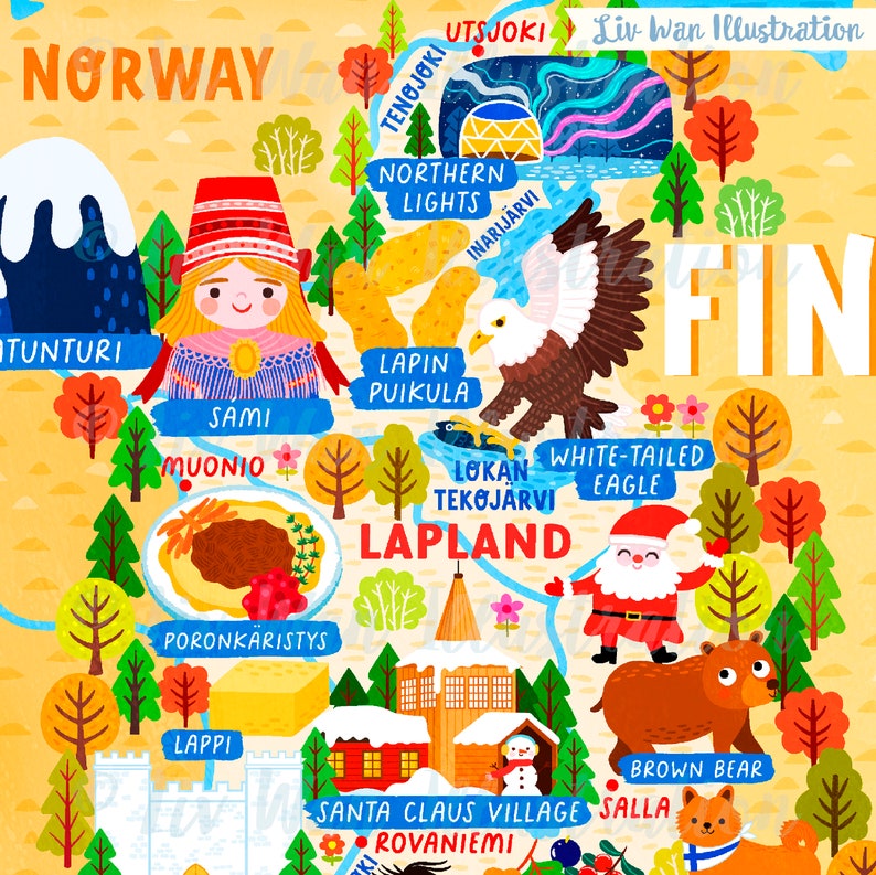 Może przedstawiać: Kolorowa, ilustrowana mapa Laponii, Finlandii, z r&oacute;żnymi punktami orientacyjnymi i zwierzętami. Mapa przedstawia kobietę Sami w tradycyjnym stroju, orła bielika, niedźwiedzia brunatnego, Świętego Mikołaja i renifera. Tekst na mapie zawiera nazwy miast i miasteczek, a także nazwy cech naturalnych.