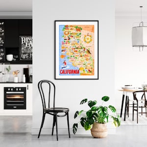 カリフォルニア地図ポスター - カリフォルニア地図 - カリフォルニア地図 - イラスト入りカリフォルニア地図 - ウォールアート - ホームデコレーション - ポスターギフト