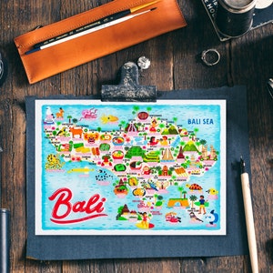 Bali Karte Postkarte - Landkarte von Bali - Illustrierte Karte von Bali - Reisegeschenk - A6 Postkarte