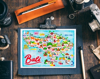 Bali Map Postcard - Map of Bali - Bali Map - Illustrated Bali Map - Travel Gift - A6 postcard