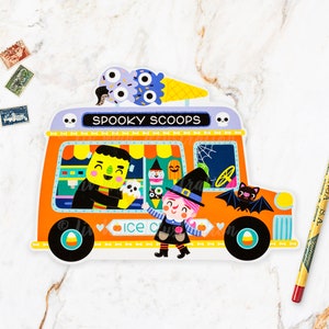 Spooky Scoops Halloween Ice Cream Van Postcard HW23-7. Fun cut out Halloween postcard, A6