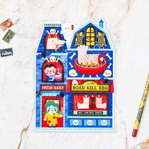 Halloween Road Kill BBQ Postcard || HLWN25-4. Fun cut out Halloween postcard, A6