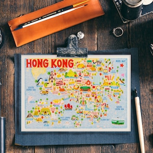 Postal con mapa de Hong Kong - Mapa de Hong Kong - Mapa de Hong Kong - Mapa ilustrado de Hong Kong - Regalo de viaje - Postal A6