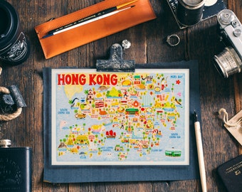 Hong Kong Map Postcard - Map of Hong Kong - Hong Kong Map - Illustrated Hong Kong Map - Travel Gift - A6 postcard