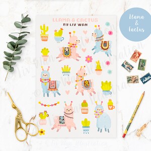 Folha de adesivos de cacto de lhama - folha de adesivos Kawaii - papel de carta Kawaii - folha de adesivos fofa - adesivos para laptop e capa de telefone