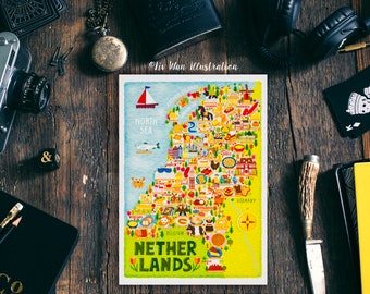 Netherlands Map Postcard - Map of Netherlands - Netherlands Map - Illustrated Netherlands Map - Travel Gift - A6 postcard