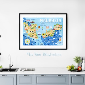 Affiche de carte de la Malaisie - carte de la Malaisie - carte de la Malaisie - carte illustrée de la Malaisie - art mural - décoration d'intérieur - cadeau pour la maison - cadeau poster