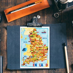 Postal con mapa de Inglaterra - Mapa de Inglaterra - Mapa de Inglaterra - Mapa ilustrado de Inglaterra - Regalo de viaje - Postal A6