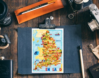 England Map Postcard - Map of England - England Map - Illustrated England Map - Travel Gift - A6 postcard