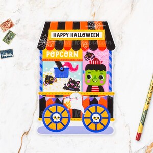 Popcorn Stand Postcard | HW24-6. Fun cut-out Halloween postcard, A6