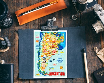 Argentina Map Postcard - Map of Argentina - Argentina Map - Illustrated Argentina Map - Travel Gift - A6 postcard