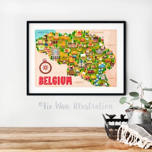 Affiche de carte de la Belgique - carte de la Belgique - carte de la Belgique - carte de la Belgique illustrée - art mural - décoration d'intérieur - cadeau pour la maison - cadeau poster