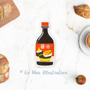 Carte postale bouteille de sauce soja - cadeau sauce soja - carte postale nourriture - illustration de nourriture - carte postale découpée - carte postale en forme - cadeau nourriture
