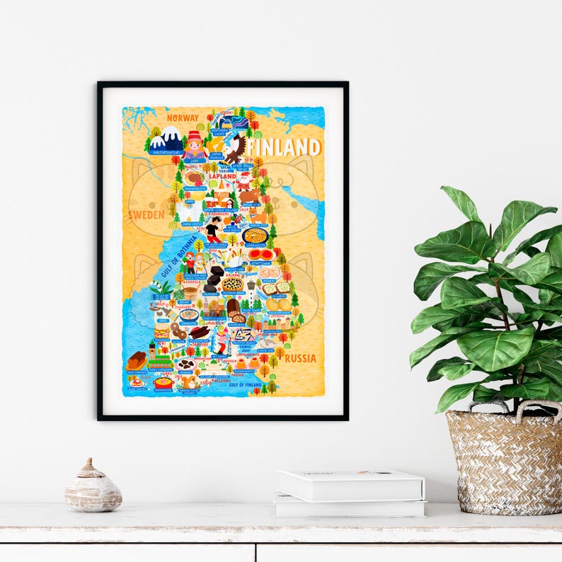 Plakat z mapą Finlandii - Mapa Finlandii - Mapa Finlandii - Ilustrowana mapa Finlandii - Sztuka ścienna - Wystrój domu - Prezent do domu - Plakat na prezent Darmowa wysyłka zdjęcie 4