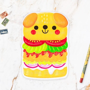 Carte postale Doggy Burger - Carte postale de nourriture - Carte postale de restauration rapide - Carte postale de nourriture kawaii - Carte postale découpée, format A6