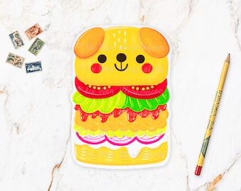 Doggy Burger Postcard - Food Postcard - Fast Food Postcard - Kawaii food postcard - Die Cut Postcard, A6 size