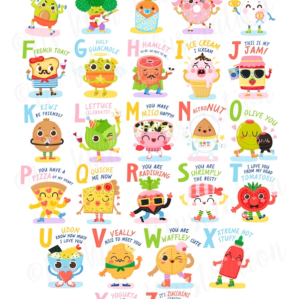 Food Pun Alphabet A to Z Stickers full collection, Vinyl Stickers, Laptop Decal, Cute Sticker, Funny Sticker, Food Pun Sticker