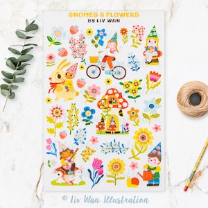 Garden Gnome Sticker Sheet - Kawaii sticker sheet - Kawaii stationary - cute sticker sheet - laptop & phone case stickers