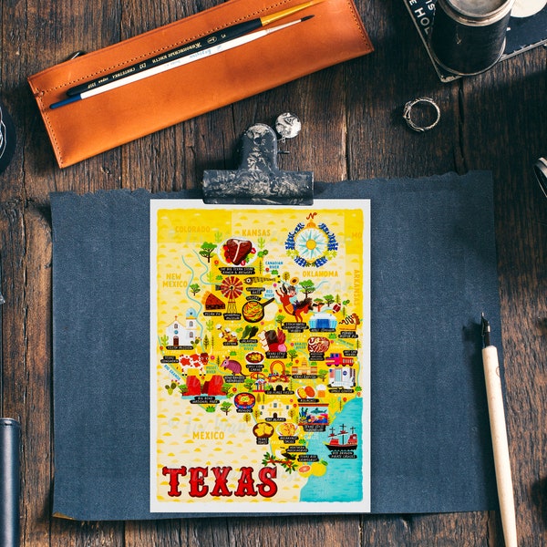 Texas Map Postcard - Map of Texas - Texas Map - Illustrated Texas Map - Travel Gift - A6 postcard