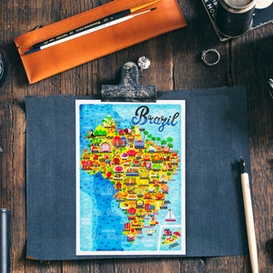 Cartão postal com mapa do Brasil - Mapa do Brasil - Mapa do Brasil - Mapa do Brasil ilustrado - Presente de viagem - Cartão postal A6