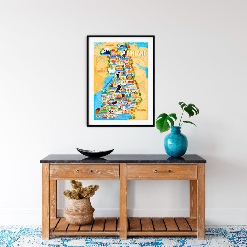 Plakat z mapą Finlandii - Mapa Finlandii - Mapa Finlandii - Ilustrowana mapa Finlandii - Sztuka ścienna - Wystrój domu - Prezent do domu - Plakat na prezent Darmowa wysyłka zdjęcie 3
