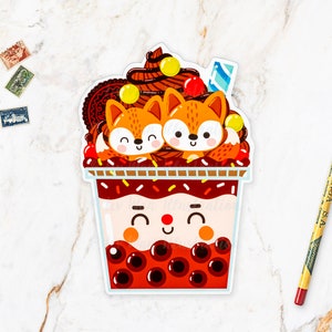 Carte postale chocolat renard bubble tea. Carte postale amusante de thé aux perles. Format A6