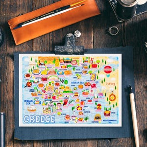 Postal con mapa de Grecia - Mapa de Grecia - Mapa de Grecia - Mapa ilustrado de Grecia - Regalo de viaje - Postal A6
