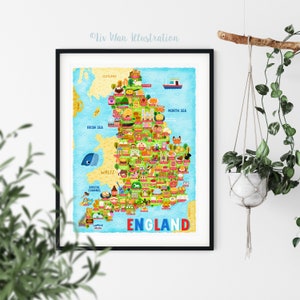 Poster de carte de l'Angleterre - Carte de l'Angleterre - Carte de l'Angleterre - Carte de l'Angleterre illustrée - Art mural - Décoration d'intérieur - Cadeau pour la maison - Cadeau poster