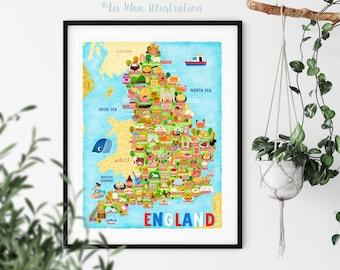 England Map Poster - England Map -  Map of England - Illustrated England Map - Wall Art - Home Decor - Home Gift - Poster Gift