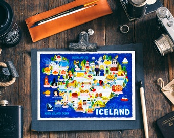 Cartolina con mappa dell'Islanda - Mappa dell'Islanda - Mappa dell'Islanda - Mappa illustrata dell'Islanda - Regalo di viaggio - Cartolina A6