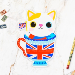 Englische Tea Cup Cat Postkarte. Lustige Neuheitspostkarte. "Ich liebe London." Größe A6