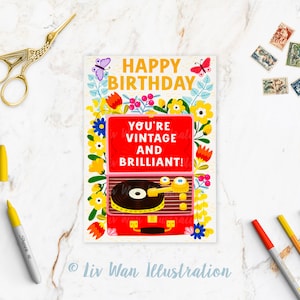 Carte postale d'anniversaire vintage et brillante, amusante carte d'anniversaire A6 faite main