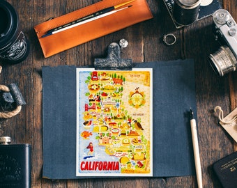 California Map Postcard - Map of California - California Map - Illustrated California Map - Travel Gift - A6 postcard