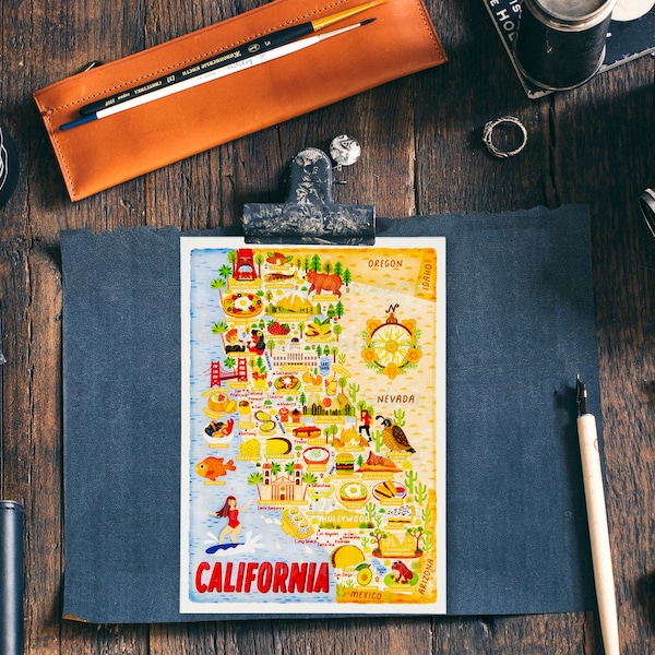 California Map Postcard - Map of California - California Map - Illustrated California Map - Travel Gift - A6 postcard