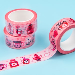 2cm x 10 m Pink Sweet Teapots and Teacups Washi Tape. Handmade Washi Crafting Tape