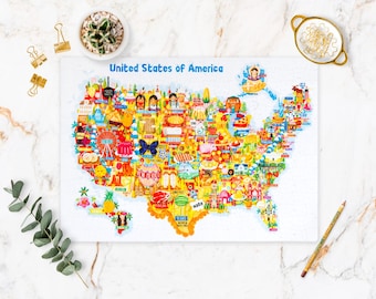Puzzle 1000 Pièces - Carte Des États-Unis 50 États - Bleu - Monuments Américains - Talking Tables