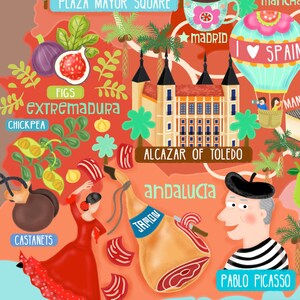 Puede incluir: Una ilustraci&oacute;n colorida de Espa&ntilde;a con monumentos, comida e iconos culturales. La ilustraci&oacute;n incluye el Alc&aacute;zar de Toledo, un jam&oacute;n, casta&ntilde;uelas, higos, garbanzos y un globo aerost&aacute;tico con las palabras "Amo Espa&ntilde;a".