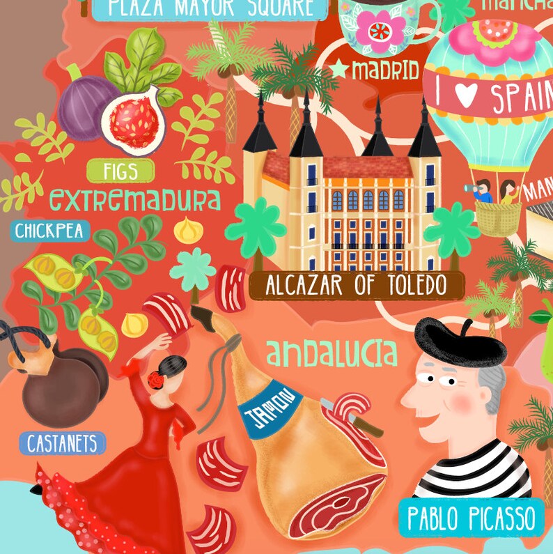 Puede incluir: Una ilustraci&oacute;n colorida de Espa&ntilde;a con monumentos, comida e iconos culturales. La ilustraci&oacute;n incluye el Alc&aacute;zar de Toledo, un jam&oacute;n, casta&ntilde;uelas, higos, garbanzos y un globo aerost&aacute;tico con las palabras "Amo Espa&ntilde;a".