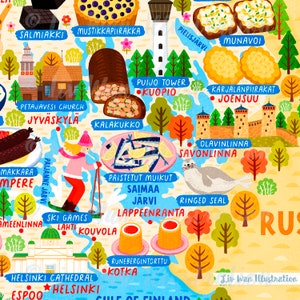 Może przedstawiać: Kolorowa, ilustrowana mapa Finlandii z r&oacute;żnymi zabytkami, potrawami i atrakcjami. Mapa przedstawia niebiesko-białą pasiastą latarnię morską, czerwony kości&oacute;ł, brązowy drewniany dom, czerwono-białego skoczka narciarskiego, talerz ryb, fokę i niebiesko-białą pasiastą latarnię morską. Mapa zawiera r&oacute;wnież tekst w języku fińskim, np. "Salmiakki", "Mustikkapiirakka", "Pielisjarvi", "Munavoi", "Puijo Tower", "Kuopio", "Karjalanpiirakat", "Joensuu", "Kalakukko", "Paijanne Jarvi", "Ski Games", "Lahti", "Kouvula", "Paistetut Muikut", "Saimaa Jarvi", "Lappeenranta", "Ringed Seal", "Ameenlinna", "Helsinki Cathedral", "Helsinki", "Espoo", "Runebergintorttu", "Kotka", "Gulf of Finland" i "Liv-Wan Illustration".
