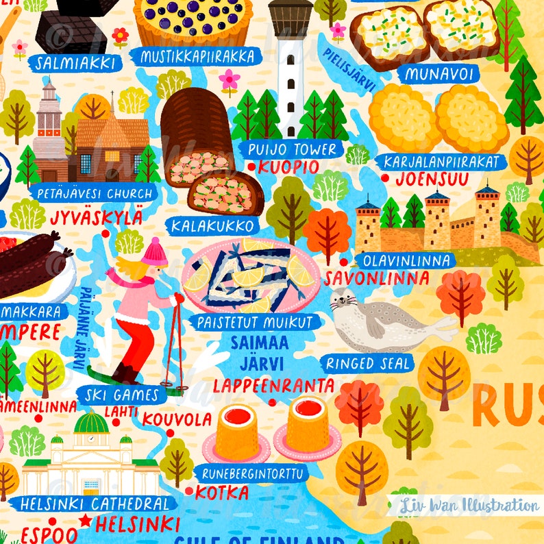 Może przedstawiać: Kolorowa, ilustrowana mapa Finlandii z r&oacute;żnymi zabytkami, potrawami i atrakcjami. Mapa przedstawia niebiesko-białą pasiastą latarnię morską, czerwony kości&oacute;ł, brązowy drewniany dom, czerwono-białego skoczka narciarskiego, talerz ryb, fokę i niebiesko-białą pasiastą latarnię morską. Mapa zawiera r&oacute;wnież tekst w języku fińskim, np. "Salmiakki", "Mustikkapiirakka", "Pielisjarvi", "Munavoi", "Puijo Tower", "Kuopio", "Karjalanpiirakat", "Joensuu", "Kalakukko", "Paijanne Jarvi", "Ski Games", "Lahti", "Kouvula", "Paistetut Muikut", "Saimaa Jarvi", "Lappeenranta", "Ringed Seal", "Ameenlinna", "Helsinki Cathedral", "Helsinki", "Espoo", "Runebergintorttu", "Kotka", "Gulf of Finland" i "Liv-Wan Illustration".