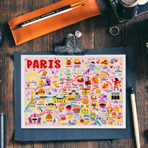 Paris Map Postcard - Map of Paris - Paris Map - Illustrated Paris Map - Travel Gift - A6 postcard