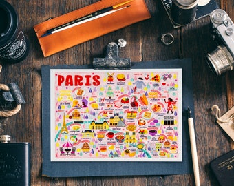 Paris Karte Postkarte - Landkarte von Paris - Paris Karte - Illustrierte Paris Karte - Reisegeschenk - A6 Postkarte