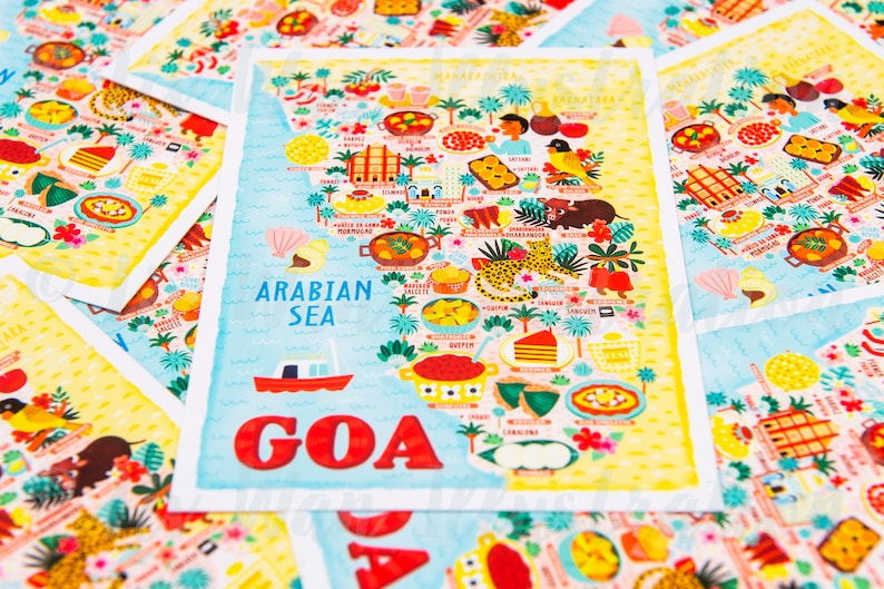 Goa Map Postcard - Map of Goa - Goa Map - Illustrated Goa Map - Travel ...