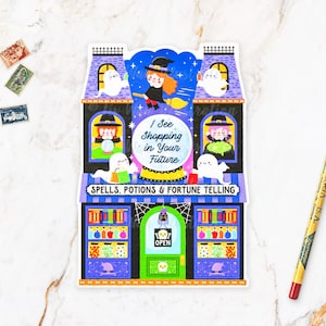 Halloween Witch Shop Postcard || HLWN25-6. Fun cut out Halloween postcard, A6