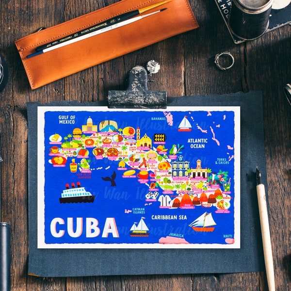 Cuba Map Postcard - Map of Cuba - Cuba Map - Illustrated Cuba Map - Travel Gift - A6 postcard